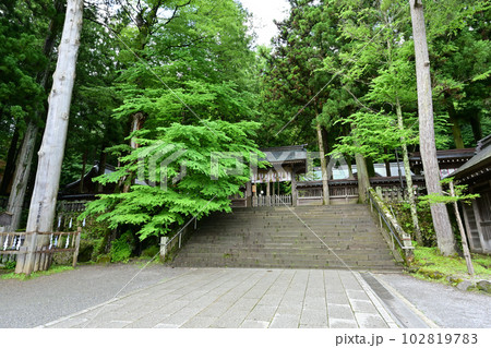 諏訪大社上社本宮一之御柱と堀重門 102819783