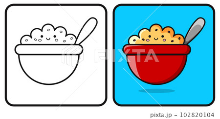 Coloring book or coloring page for children. Contour of a plate with corn flakes. Vector illustration 102820104