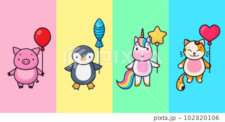 Cartoon illustrations of animals on a colorful background. Cute penguin, little piggy, pink unicorn, happy kitten. 102820106