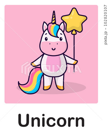 Baby card with unicorn illustration and lettering. Cartoon cute unicorn 102820107