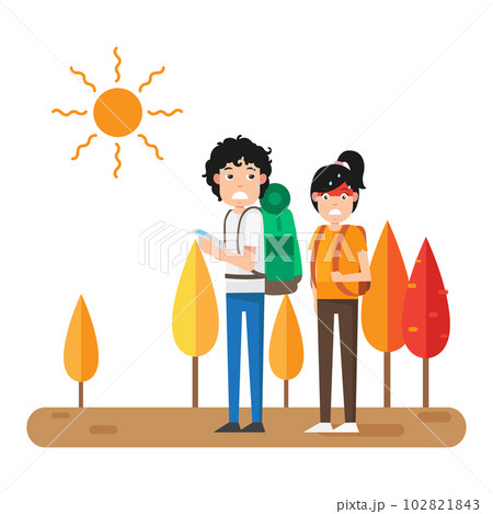 Hot weather.Woman and man camping together in nature vector illustration 102821843