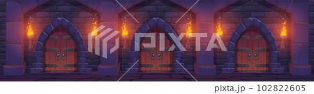 Cartoon medieval castle dangeon with wooden doors Cartoon medieval castle dangeon with wooden doors 102822605
