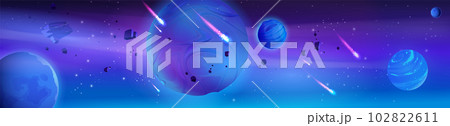 Space background with alien planets, meteorites 102822611