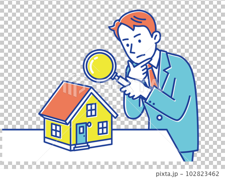 何か問題がないかどうか虫眼鏡を持って家をチェックする男性 102823462