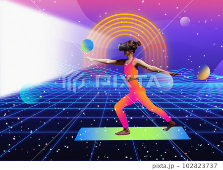 Girl in sportswear wearing vr glasses and training against colorful background with abstract elements. Contemporary art collage. Girl in sportswear wearing vr glasses and training against colorful background with abstract elements. Contemporary art collage. 102823737