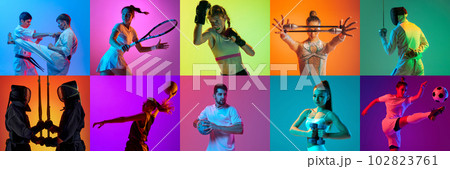 Collage made of active sportive people training, doing different type of sports against multicolored background in neon light 102823761
