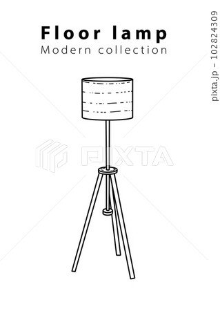 Floor lamp on three legs for the living room, hand-drawn in different sizes and types, doodle sketches, modern and vintage 102824309
