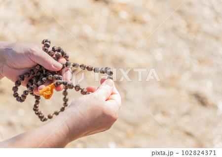 Woman Hand Holding Japa Mala Mantra Stock Photo 1744412936