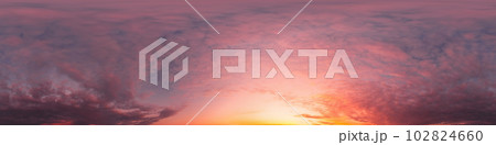 Sunset sky panorama with bright glowing pink Cumulus clouds. HDR 360 seamless spherical panorama. Full zenith or sky dome in 3D, sky replacement for aerial drone panoramas. Climate and weather change. Sunset sky panorama with bright glowing pink Cumulus clouds. HDR 360 seamless spherical panorama. Full zenith or sky dome in 3D, sky replacement for aerial drone panoramas. Climate and weather change. 102824660