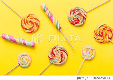 Set of colorful lollipops on colored background. Summer concept. Party Happy Birthday or Minimalist Concept 102825013
