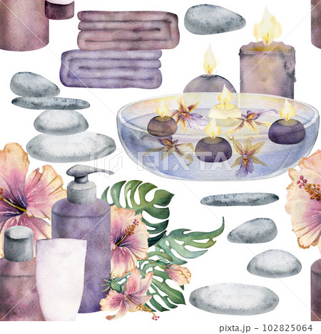 Hand drawn watercolor spa skincare bath beauty bottle and candles products package. Seamless pattern isolated on white background. For wall art, wellness resort, print, fabric, cover, card, booklet. 102825064