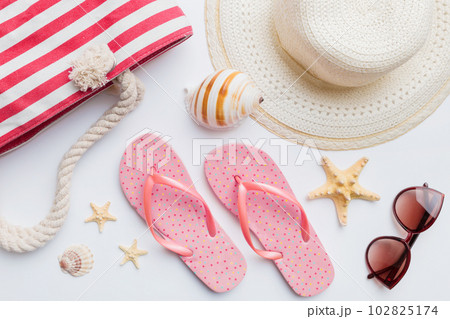 Summer vacation concept flat lay. beach accessories and towel top view. Space for text. travel concept Summer vacation concept flat lay. beach accessories and towel top view. Space for text. travel concept 102825174
