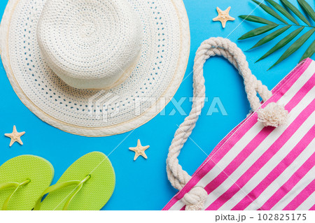 Summer vacation concept flat lay. beach accessories and towel top view. Space for text. travel concept 102825175