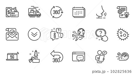 Outline set of Bacteria, Calendar and Cogwheel line icons for web application. Talk, information, delivery truck outline icon. Include International flight, Innovation, Customer survey icons. Vector 102825636