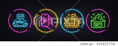 Air conditioning, Vip transfer and Arena minimal line icons. Neon laser 3d lights. Skin cream icons. For web, application, printing. Smartphone weather, Exclusive transportation, Sport stadium. Vector 102825716