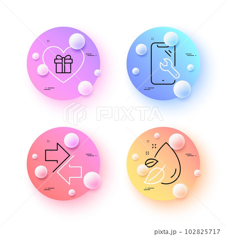 Romantic gift, Smartphone repair and Synchronize minimal line icons. 3d spheres or balls buttons. Water drop icons. For web, application, printing. Vector 102825717