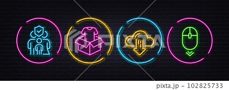 Clothing, Cloud download and Family insurance minimal line icons. Neon laser 3d lights. Scroll down icons. For web, application, printing. Donate shirt, File storage, Risk coverage. Vector 102825733