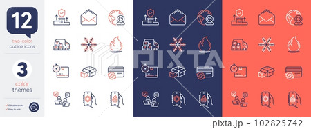 Set of Video conference, Mail and Fire energy line icons. Include Snowflake, Packing boxes, Food app icons. Cardboard box, Online voting, Delivery truck web elements. Change card. Vector 102825742
