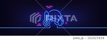 Neon light glow effect. Sick man with medical mask line icon. Safety respiratory mask sign. Coronavirus face protection symbol. 3d line neon glow icon. Brick wall banner. Sick man outline. Vector Neon light glow effect. Sick man with medical mask line icon. Safety respiratory mask sign. Coronavirus face protection symbol. 3d line neon glow icon. Brick wall banner. Sick man outline. Vector 102825838