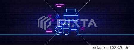 Neon light glow effect. Medical drugs bottle line icon. Medicine pills sign. Pharmacy medication symbol. 3d line neon glow icon. Brick wall banner. Medical drugs outline. Vector Neon light glow effect. Medical drugs bottle line icon. Medicine pills sign. Pharmacy medication symbol. 3d line neon glow icon. Brick wall banner. Medical drugs outline. Vector 102826566