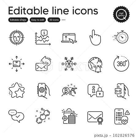 Set of Technology outline icons. Contains icons as Chemical formula, Puzzle game and Cardboard box elements. Approved, Cyber attack, Lock web signs. Air conditioning, Seo shopping. Vector 102826576
