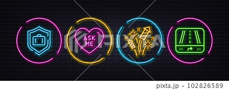 Luggage protect, Ask me and Fireworks rocket minimal line icons. Neon laser 3d lights. Gps icons. For web, application, printing. Baggage defense, Love sweetheart, Pyrotechnic salute. Vector 102826589