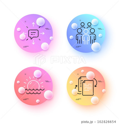 Bureaucracy, Sms and Sunset minimal line icons. 3d spheres or balls buttons. Group people icons. For web, application, printing. Documents workflow, Conversation, Sunny weather. Vector 102826654