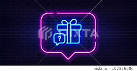 Neon light speech bubble. Secret gift line icon. Unknown present box sign. Question mark symbol. Neon light background. Secret gift glow line. Brick wall banner. Vector 102826686