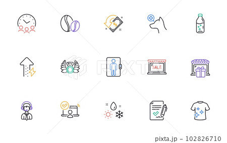 Clean t-shirt, Cashback and Approved agreement line icons for website, printing. Collection of Veterinary clinic, Energy growing, Shipping support icons. Sale, Weather. Vector Clean t-shirt, Cashback and Approved agreement line icons for website, printing. Collection of Veterinary clinic, Energy growing, Shipping support icons. Sale, Weather. Vector 102826710