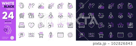 Waves, Journey and Shift line icons for website, printing. Collection of Smile chat, Heart, Road icons. Puzzle game, Search puzzle, Fireworks web elements. Gift dream, Travel sea, Gift. Vector 102826843