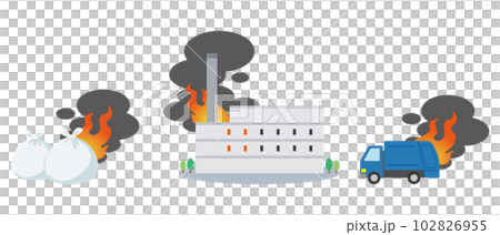 Illustration of a garbage bag wrapped in flames, a garbage incinerator and a garbage truck 102826955