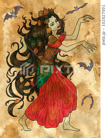 Fantasy hand drawn illustration with beautiful vampire princess, bats and romantic victorian decorations against old paper textured background. Halloween art with gothic and esoteric concept. Fantasy hand drawn illustration with beautiful vampire princess, bats and romantic victorian decorations against old paper textured background. Halloween art with gothic and esoteric concept. 102827001
