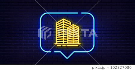 Neon light speech bubble. Skyscraper buildings line icon. City architecture sign. Town symbol. Neon light background. Skyscraper buildings glow line. Brick wall banner. Vector 102827080