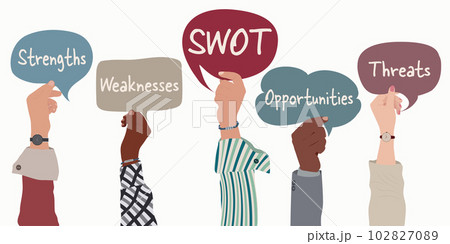 Concept of SWOT-analysis or strategic planning technique. Raised arms of business people holding speech bubble with SWOT-Strength-Weaknesses-Opportunities-Threats text inside Concept of SWOT-analysis or strategic planning technique. Raised arms of business people holding speech bubble with SWOT-Strength-Weaknesses-Opportunities-Threats text inside 102827089