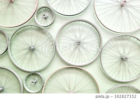 Wall with bicycle wheels, background, sport , modern. Wall with bicycle wheels, background, sport , modern. 102827152
