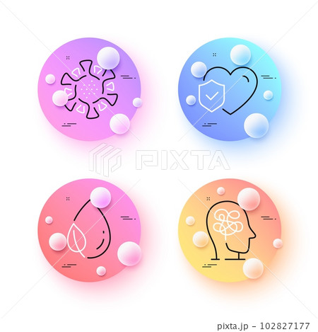 Stress, Coronavirus and Leaf dew minimal line icons. 3d spheres or balls buttons. Life insurance icons. For web, application, printing. Mind anxiety, Covid-19 virus, Water drop. Risk coverage. Vector Stress, Coronavirus and Leaf dew minimal line icons. 3d spheres or balls buttons. Life insurance icons. For web, application, printing. Mind anxiety, Covid-19 virus, Water drop. Risk coverage. Vector 102827177