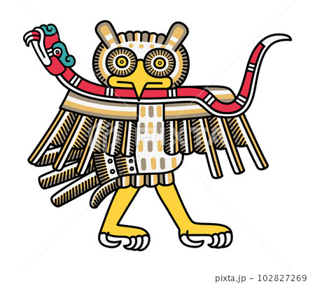 Aztec owl with a coral snake. In Aztec religion owls hold special ties to the underworld and are considered to be bad omens, messengers between humans and the divine, and they accompany the Death God. 102827269