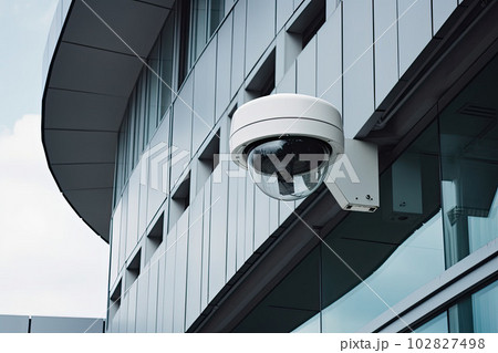 Security camera on modern building. CCTV on the wall in the city. Generative AI 102827498