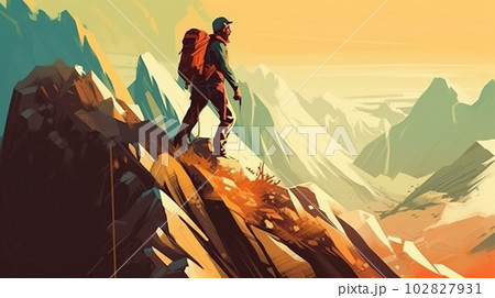険しい山を登山する人 person climbing a steep mountain(AI) 102827931