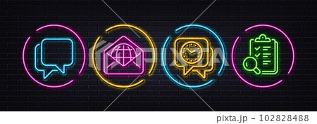 Clock, Talk bubble and Web mail minimal line icons. Neon laser 3d lights. Inspect icons. For web, application, printing. Time, Chat message, World communication. Research list. Vector 102828488