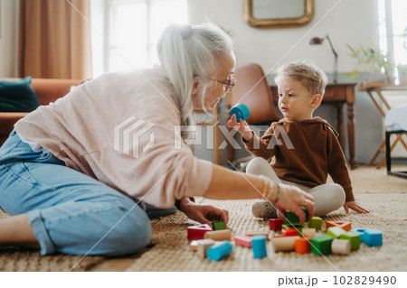 Grandmother playing with her little grandson,building a block set. 102829490