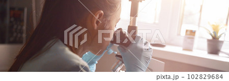 Asian woman lab assistantlooks into microscope at sample sitting near window in hospital Asian woman lab assistantlooks into microscope at sample sitting near window in hospital 102829684