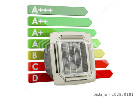 Ceiling Cassette Unit, Indoor Unit of Air Condition with energy efficiency chart, 3D rendering 102830181