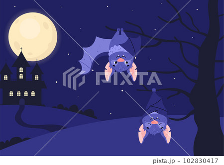 Cute bats sleeping and hanging upside down against the background of the moon and the castle 102830417