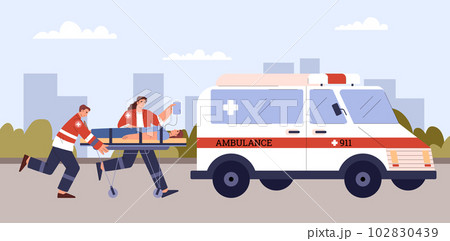 Paramedics rushing to ambulance car with patient on stretcher - flat vector illustration. 102830439
