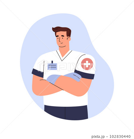 Smiling ambulance emergency specialist with cross sign on sleeve flat style 102830440