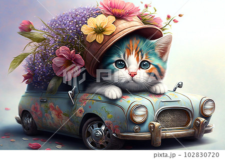 Cute kitten wearing flower hat driving retro car. Generative AI. 102830720