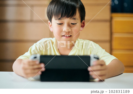 家庭用ゲーム機でゲームをする小学生の男の子 102831189