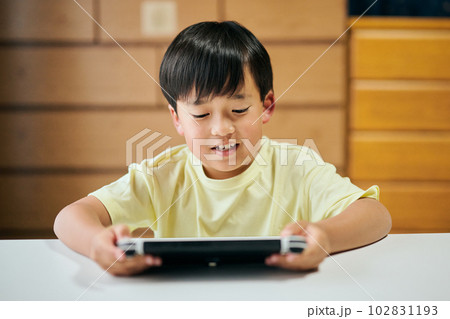 家庭用ゲーム機でゲームをする小学生の男の子 家庭用ゲーム機でゲームをする小学生の男の子 102831193