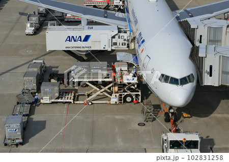出発準備の旅客機　貨物の積み込み、ボーディングブリッジの接続 102831258